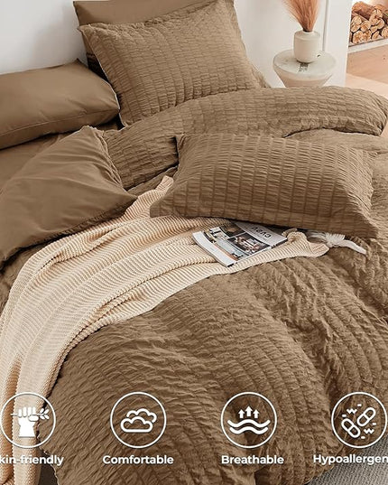 HYMOKEGE Brown California King Comforter Set Seersucker 7 Pieces, All Season Luxury Bed in a Bag for Bedroom, Bedding Set with Comforter, Sheets, Pillowcases & Shams