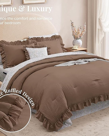King Comforter Set - 7 Pieces Ruffle Amber Brown Bedding Sets, Shabby Chic Farmhouse Bed in a Bag with Ruffle Comforter, Floral Sheets, Pillowcases & Shams