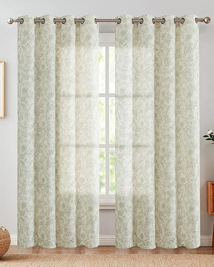 Lazzzy Linen Farmhouse Curtains for Living Room 84 Inch Length Floral Print Window Curtains Semi Sheer Drapes for Bedroom Country Light Filtering Curtain Grommet Top 2 Panels Green on Beige