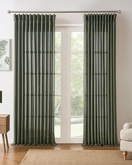 RAIN CITY 100 Inch Pinch Pleated Curtains 2 Panels Set Custom Length Olive Green, Semi Sheer Living Room Curtain Back Tab with Hooks, Privacy Back Tab Linen Window Drapes for Bedroom