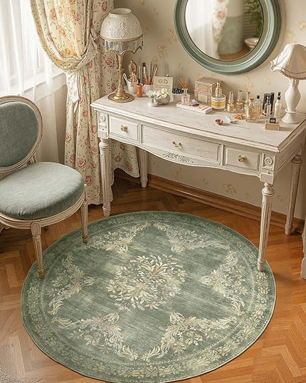 jinchan Round Rug 4ft Area Rugs Vintage Floral Distressed Design Machine Washable Soft Non-Slip Low-Pile Ultra-Thin Christmas Circle Rug for Entryway Living Room Kitchen Nursery (4' Round, Dark Green)
