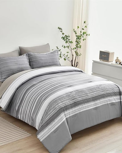 KAKIJUMN 5 Piece Bed in a Bag Stripe Comforter Set Twin Size, White Grey Patchwork Striped Comforter and Sheet Set, All Season Soft Microfiber Complete Bedding Set(Light Grey,Twin)