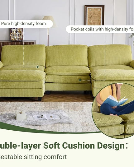 VINGLI 121" L Shape Sectional Couch, Convertible Sectional Couch for Small Living Room,Modern 3-Seat Convertible Loveseat Sofa with 2 Ottoman in Corduroy,Olive Green