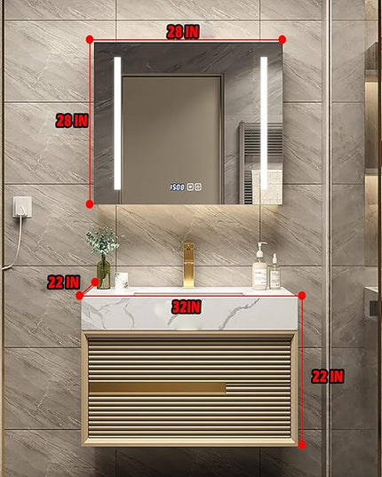 Golden Bathroom Vanity - 32IN Modern Luxurious Bathroom Vanity with Sink with Smart LED Defogging Mirror & Metal Elements & Hidden Handle | Unique Striped Design & Large Capacity Storage Space