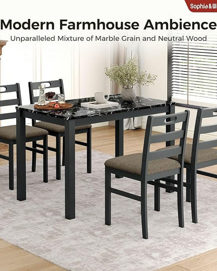 Sophia & William 5 Piece Dining Table Set for 4, Faux Marble Kitchen Table and Chairs Set, Solid Wood Farmhouse Dinner Table Set,Veined Black Marble & Gray