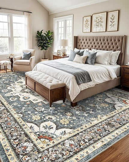 Washable Oriental Area Rug - 10x14 Rugs for Living Room Soft Carpet for Bedroom Waterproof Floral Distressed Indoor Stain Resistant Non-Shedding Floor Carpets (Blue, 10X14)