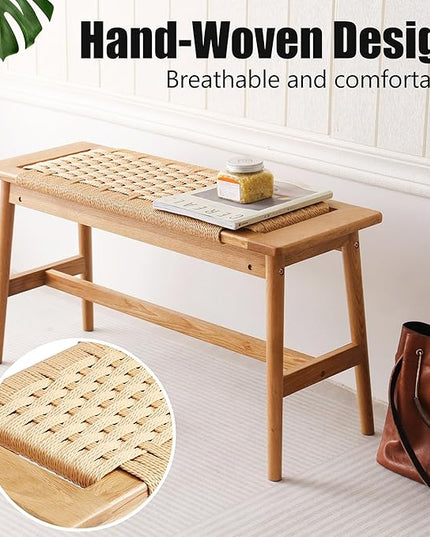 OGMILL 33.5" L Wood Dining Bench Indoor, 100% Natural Solid Oak Bed Bench Hand Woven Enterway Bench Small Bench for Dining Room, Bedroom, Kitchen (Natural)