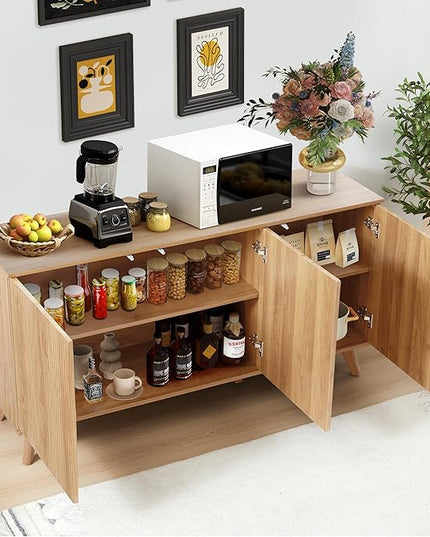Fluted Sideboard Buffet Cabinet with Storage, Modern Storage Cabinet with 3 Doors, Wood Credenza Buffet Sideboards, Bar Cabinets Console Table for Kitchen Dining Living Room Entryway (Natural)