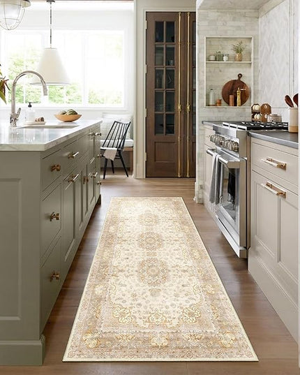 Washable Runner Rug 2'x6',Boho Rug Runners Non Slip,Long Rugs for Hallways Kitchen Bathroom Bedroom Entryway,Vintage Bohemian Distressed Floor Carpet,Beige Gold Floral