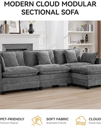 111'' Sectional Cloud Deep Seat Couch, Modern Comfy Chenille L Shaped Sectional Sofa for Living Room Set, Upholstered Modular 4-Seats Sofa Couch with 1 Movable Ottoman, Grey