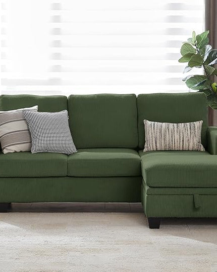 CHIC HOUSE Corduroy Modular Sectional Couch with Ottoman Chaise, L/U Shaped Sleeper Sofa for Living Room, Apartment, Lounge, Modern Armrest Neck Support Furniture (4 Seater Sectional, Green)