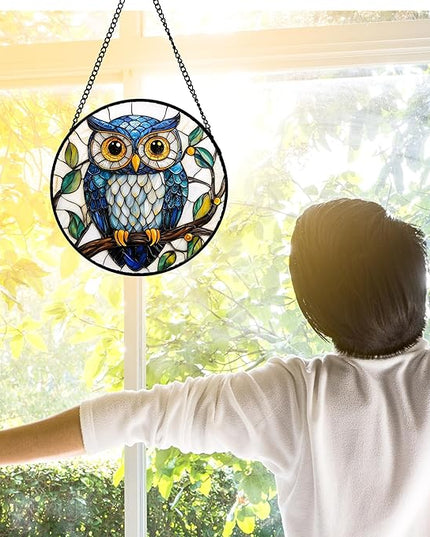 Stained Glass Window Hanging, Owl Gifts for Women Sun Catchers Diamond Glass Panel Hangings Birds Suncatcher Decor for Birthday for Women, Men, Wife, Aunt, and Mom 9.8 in