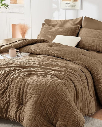 HYMOKEGE Brown Queen Comforter Set Seersucker 7 Pieces, All Season Luxury Bed in a Bag Queen for Bedroom, Bedding Set with Comforter, Sheets, Pillowcases & Shams