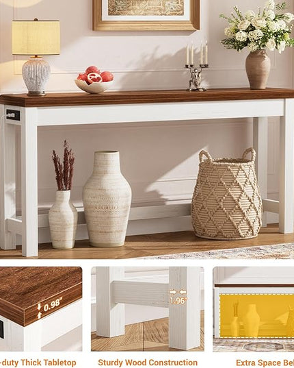 Cyclysio 63" Console Tables for Entryway, Long Console Tables for Living Room, Behind Couch Table, Sturdy Wood Support Farmhouse Entryway Table with 3AC+2USB Charging‌ Station, Rustic Oak