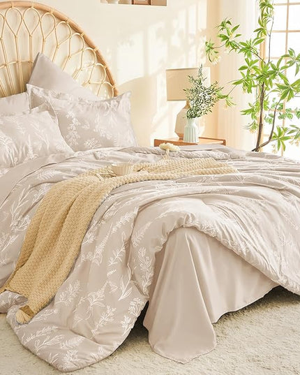MUXHOMO Beige Full Comforter Set, Elegant Floral Print Bed in a Bag 7 Pieces, Ultra Soft & Breathable Reversible Botanical Pattern Bedding Set with Comforter, Sheets, Pillowcases, and Shams