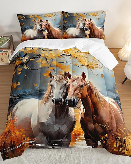 White Brown Horses Comforter Set King Size,Watercolor Painting Autumn Leaves Bedding Set for Kids and Adults Bedroom Horse Decor,Natural Scenery Aesthetics Comforter Set with 2 Pillowcases.