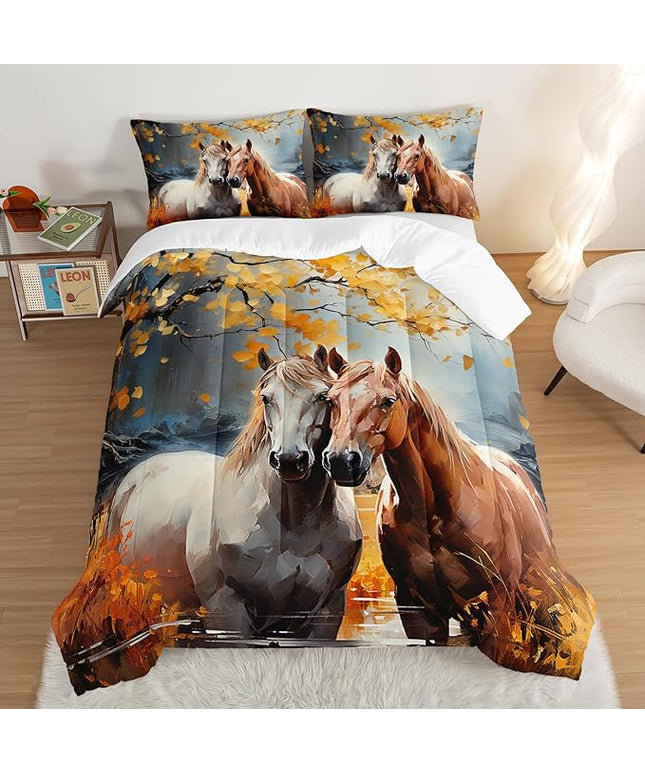 White Brown Horses Comforter Set Full Size,Watercolor Painting Autumn Leaves Bedding Set for Kids and Adults Bedroom Horse Decor,Natural Scenery Aesthetics Comforter Set with 2 Pillowcases.