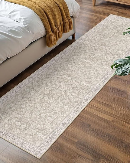 2x7 Washable Runner Rug for Hallways, Cream Beige White Grey Soft Classic Kitchen Rugs with Non-Slip, Non-Shedding Distressed Floral Rug for Hallway Entryway Bedroom Bathroom Laundry Indoor