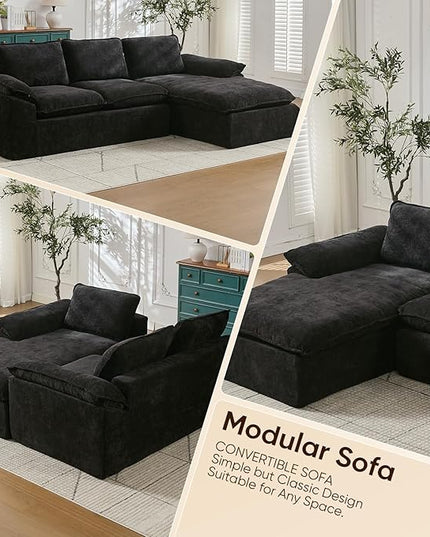 105.6”L Shape Modular Sectional Couch for Living Room, Modern Cloud Sectional 3 Seat Sofa with Oversized Chaise, Woven Texture Upholstery Boneless Couch (Black, Left Facing Chaise)