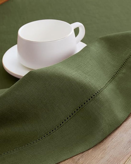 Solino Home Linen Cloth Placemats Set of 4-100% Pure Linen Hemstitch Olive Placemats 14 x 19 Inch - Classic Hemstitch Table Place Mats for Christmas, New Year