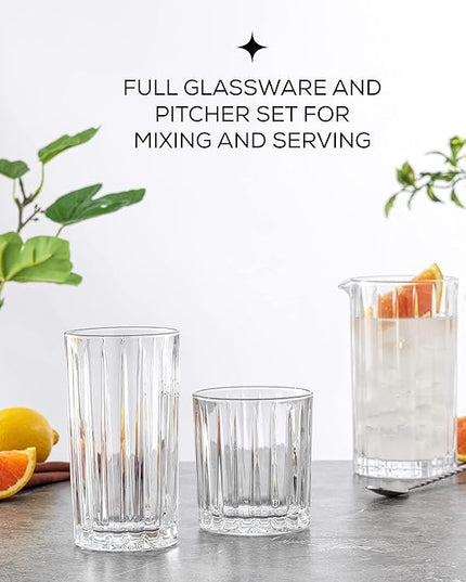 JoyJolt Drinking Glasses Set of 8, Alina Ribbed Glassware. 12oz Rocks Glass and 14oz Highball Glass set. Cocktail Glasses, Iced Coffee Cup or Water cups. Heavy Base Glassware Set