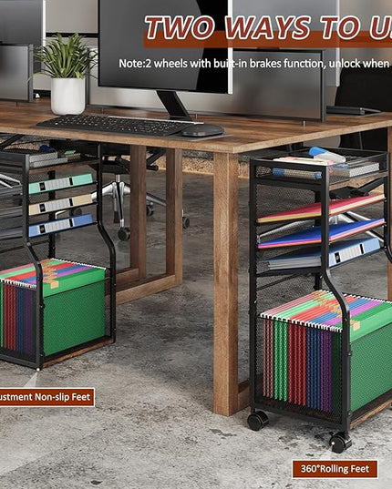 5-Tier Rolling File Cart with Hanging File Folders, Mobile Desk File Organizer on Lockable Wheels, Wood & Mesh Paper Letter Sliding Trays Organization for Office, Home, School, Patent
