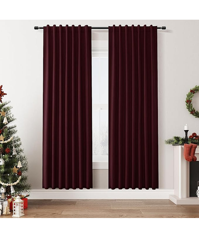 Guken Blackout Curtains 80 Inch Length 2 Panels Set for Living Room Bedroom Back Tab Thermal Insulated 100% Black Out Linen Drapes Boho Christmas Decor,Burgundy 52x80