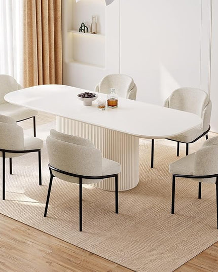 Guyii 7-Piece Oval Dining Table Set, 86.61" Modern Kitchen Table with 6 Chairs, Indoor Rectangular Dining Room Table for Kitchen, Living Room, Cream White