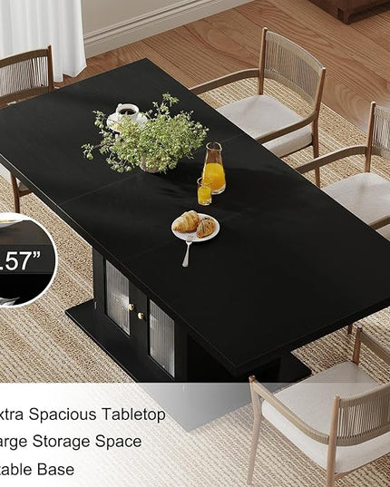 HSH Black Dining Table for 4 to 6, Modern Kitchen Dining Room Table with 3-Tier Storage Shelf and Acrylic Door Cabinet, Rectangular Wooden Dinner Tables for Home Kitchen Living Room, Black Oak，63 in