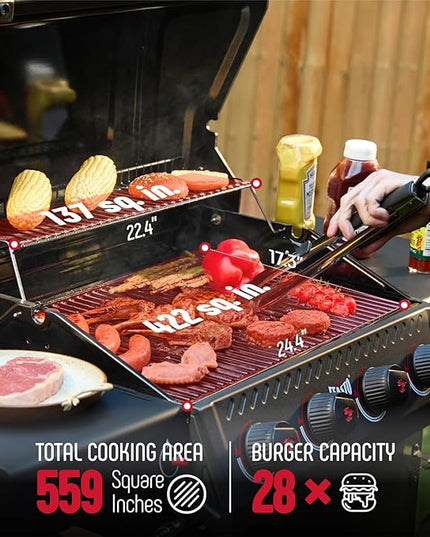 4-Burner Gas BBQ Grill with Side Table, 36,000 BTU Outdoor Propane Grill with Enameled Coated Chamber Body, Premium Porcelain-Enameled Grates for Backyard, Patio, Camping Barbecue, Black