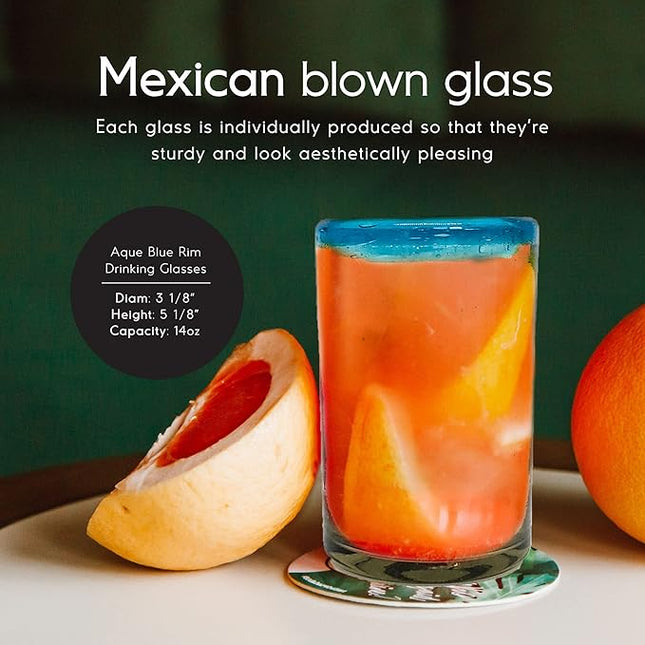 Aqua Blue Rim 14 oz Drinking Glasses (set of 6) Mexican Handmade Glassware, Recycled Glass, Lead-free, Toxin-Free (Drinking)