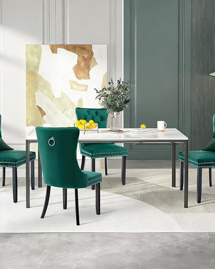 SoarFlash Velvet Dining Chairs Set of 4, Tall Back Side Chair, Modern Upholstered High-end Tufted Side Chair with Button Back Ring, Solid Wood Legs (Green)