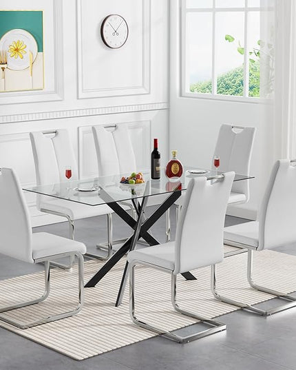 HomVent 7 Pieces Rectangular Glass Dining Table Set, Glass Kitchen Table Set for 6 Dinner Table Set with 6 PU Dining Chairs for Kitchen Dining Room