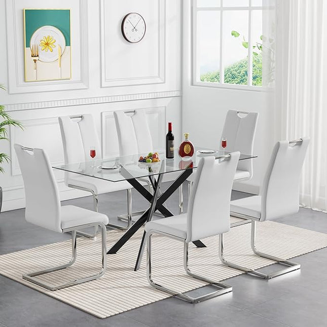 HomVent 7 Pieces Rectangular Glass Dining Table Set, Glass Kitchen Table Set for 6 Dinner Table Set with 6 PU Dining Chairs for Kitchen Dining Room