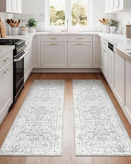jinchan Lima Kitchen Runner Rug 2x6-2pcs, Vintage Hallway Rug Washable Floral Non-Slip with Rubber Backing Soft Carpet Runner for Bedroom Laundry Room Living Room Grey