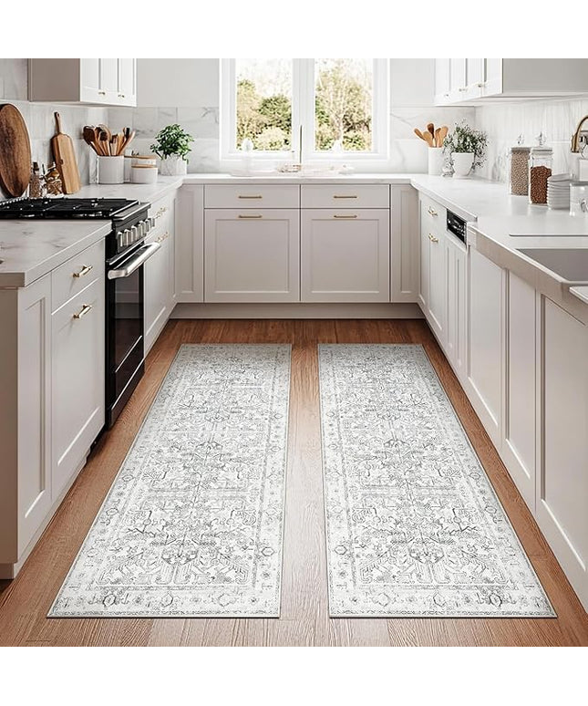 jinchan Lima Kitchen Runner Rug 2x6-2pcs, Vintage Hallway Rug Washable Floral Non-Slip with Rubber Backing Soft Carpet Runner for Bedroom Laundry Room Living Room Grey