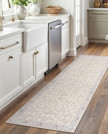 2x6 Washable Runner Rug for Hallways, Grey Begie Soft Neutral Vintage Kitchen Rugs with Non-Slip, Non-Shedding Distressed Floral Rug for Bedroom Kitchen Porch Laundry Entryway