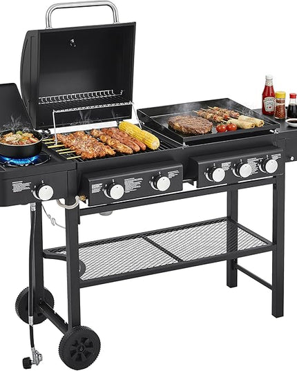 All-in-One Propane Gas Grill & Griddle Combo, 56,000 BTU 5-Burner BBQ Grill with Side Burner, 745 Sq.In Cooking Area, Heavy-Duty Outdoor Grill for Backyard & Patio