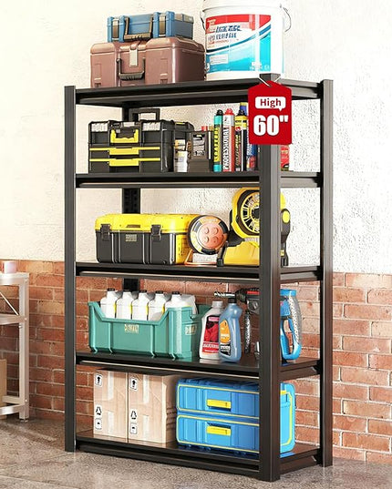 Heavy Duty Garage Shelving, Metal Storage Shelves, Adjustable 5 Tier Metal Shelving Unit, Industrial Utility Rack for Garage, Warehouse, Workshop, 12" D×27.5" W×60" H, Black