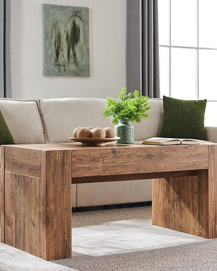 OKD 48" Modern Farmhouse Coffee Table, Wooden Living Room Table with Hidden Storage Drawer, Rustic Rectangular Center Tables w/Wood Thick Design for Living Room, Office, Gold Rustic Brown