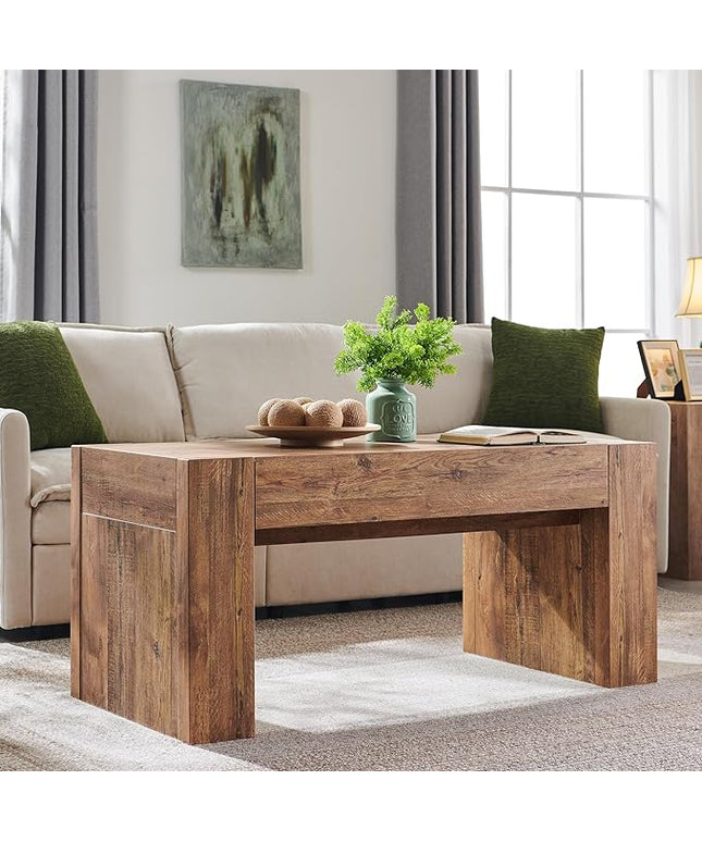 OKD 48" Modern Farmhouse Coffee Table, Wooden Living Room Table with Hidden Storage Drawer, Rustic Rectangular Center Tables w/Wood Thick Design for Living Room, Office, Gold Rustic Brown