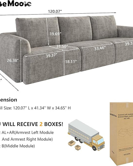 EASE MOOSE Boneless Couch for Living Room, Sectional Cloud Sofa, Modular Cloud Couch, 3-Seater Deep Seat Sofas with Pillow for Bedroom, Apartment, No Assembly Required, Chenille (Light Grey)