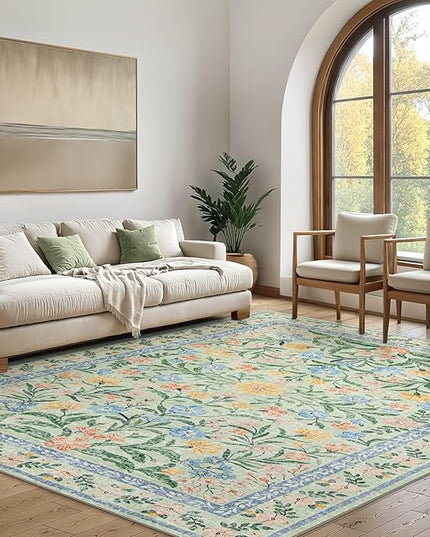 Wonnitar Machine Washable Area Rugs 9x12, Soft Sage Green Floral Rug for Living Room Bedroom, Ultra-Thin Large Foldable Boho Carpets for Playroom Classroom Dining Room