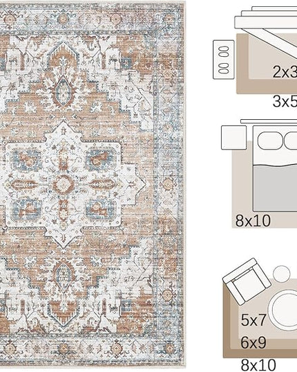 jinchan Oriental 2x3 Rug for Entryway - Machine Washable Non-Slip Doormat Ultra-Thin Low-Pile Small Vintage Floral Distressed Accent Rug for Entrance Bedroom Kitchen Bathroom(2x3ft, Orange)