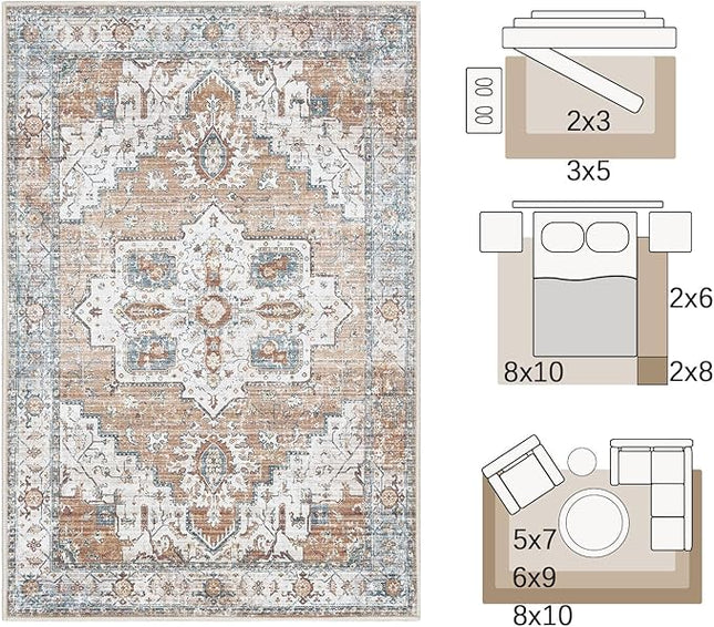 jinchan Oriental 2x3 Rug for Entryway - Machine Washable Non-Slip Doormat Ultra-Thin Low-Pile Small Vintage Floral Distressed Accent Rug for Entrance Bedroom Kitchen Bathroom(2x3ft, Orange)