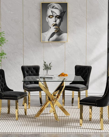 Glass Dining Table Set for 4, Square 36" Dining Table with Gold Cross Metal Leg, 4 Black Velvet Dining Chairs with Stainless Steel Legs, Modern Glass Kitchen Table and Chairs Set for Small Space