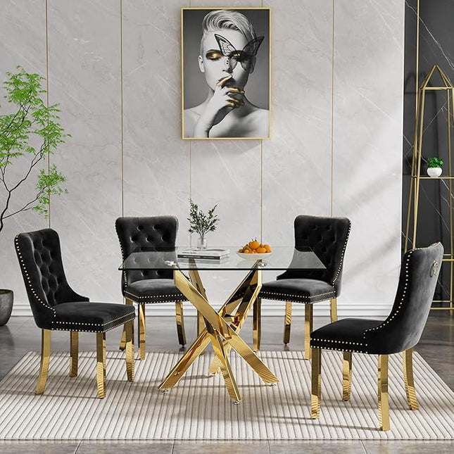 Glass Dining Table Set for 4, Square 36" Dining Table with Gold Cross Metal Leg, 4 Black Velvet Dining Chairs with Stainless Steel Legs, Modern Glass Kitchen Table and Chairs Set for Small Space