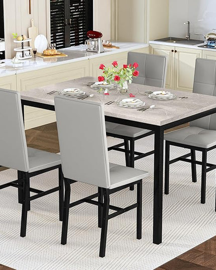 Hooseng Dining Table Set for 4, Modern Faux Marble Kitchen Table with 4 PU Leather Chairs, 5-Piece Small Dining Room Table Set for Dinette, Breakfast Nook, Grey