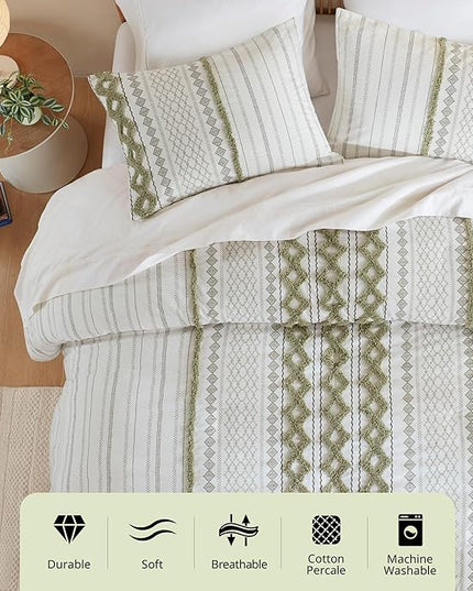 Ink+Ivy King Duvet Cover Set Boho Chenille Tufted Cotton Duvet Cover for King Size Bed, All Season King Size Bedding Cover, Matching Shams, Imani, King/Cal King Sage Green/Ivory 3 Piece