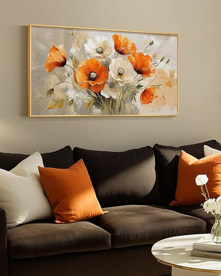 Extra Large Gold Framed Floral Wall Art for Living Room, Orange and White Flowers Canvas Artwork for Walls, Modern Elegant Watercolor Painting Picture Prints for Bedroom Hallway Office, 30x60 Inch